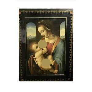 Antique Russian Art Palekh  Madonna Litta Icon Lacquer Wood Inspired By Da Vinci